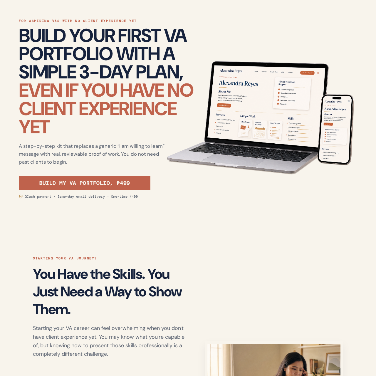 Screenshot of the VA Portfolio Builder digital product landing page