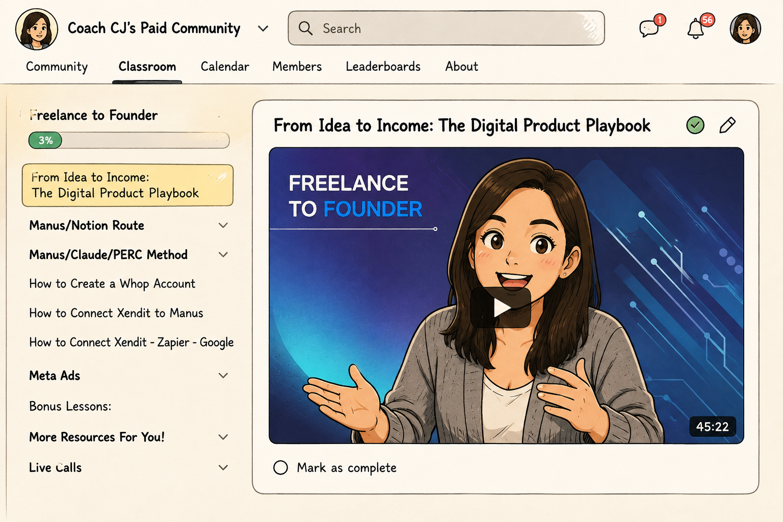 Course dashboard showing the Freelance to Founder program with the first lesson From Idea to Income: The Digital Product Playbook