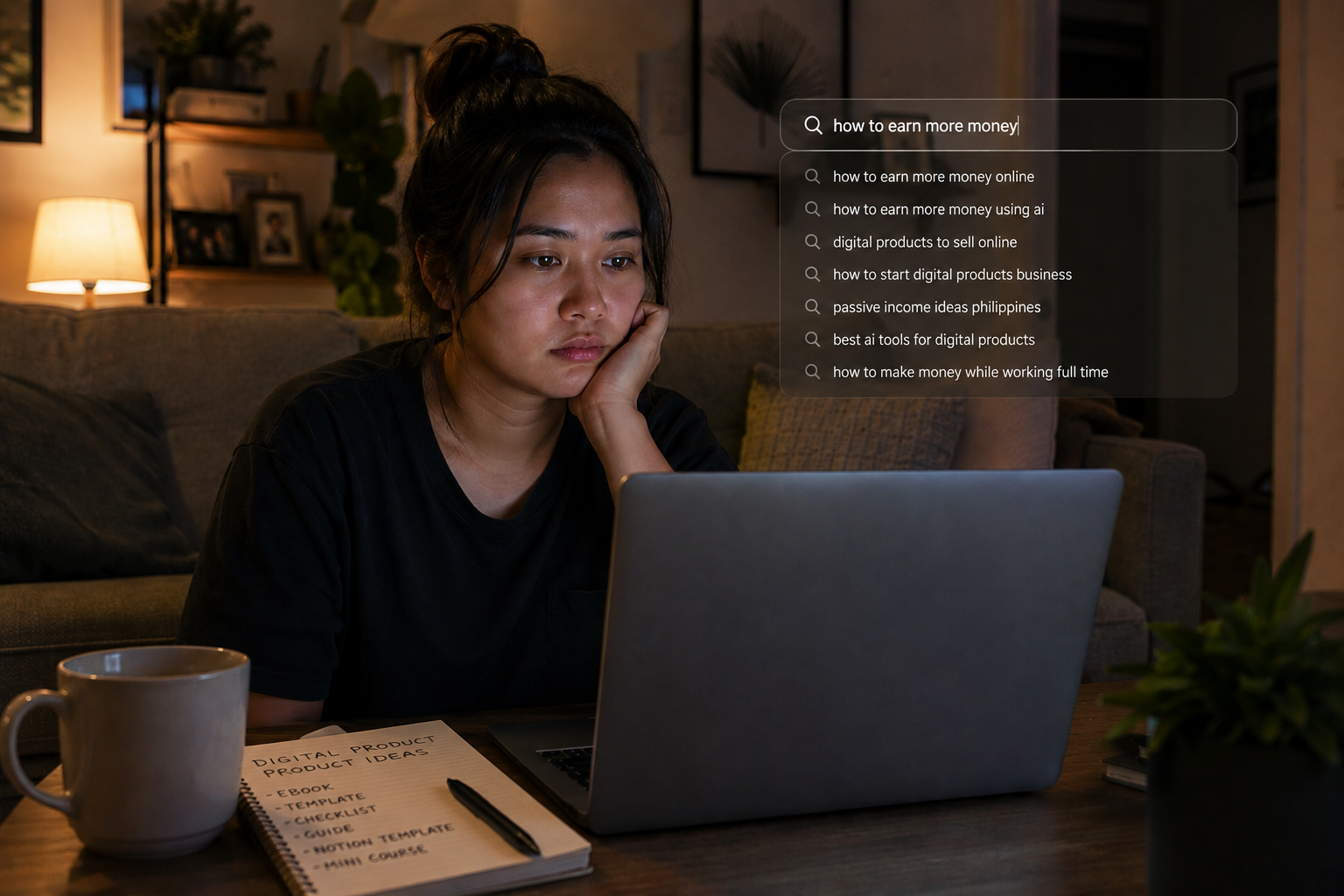 A woman searching online at night for ways to earn more money using AI and digital products