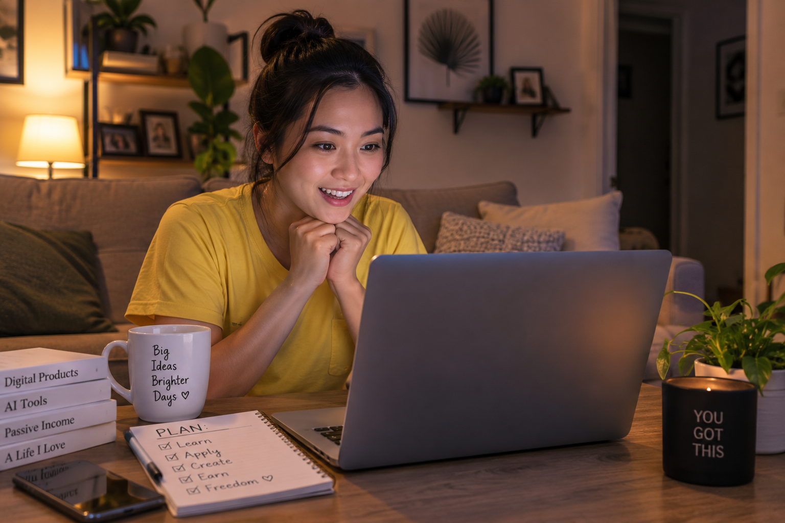 A smiling Filipina woman working on her laptop at home, surrounded by books about digital products, AI tools, passive income, and a planner with checked goals