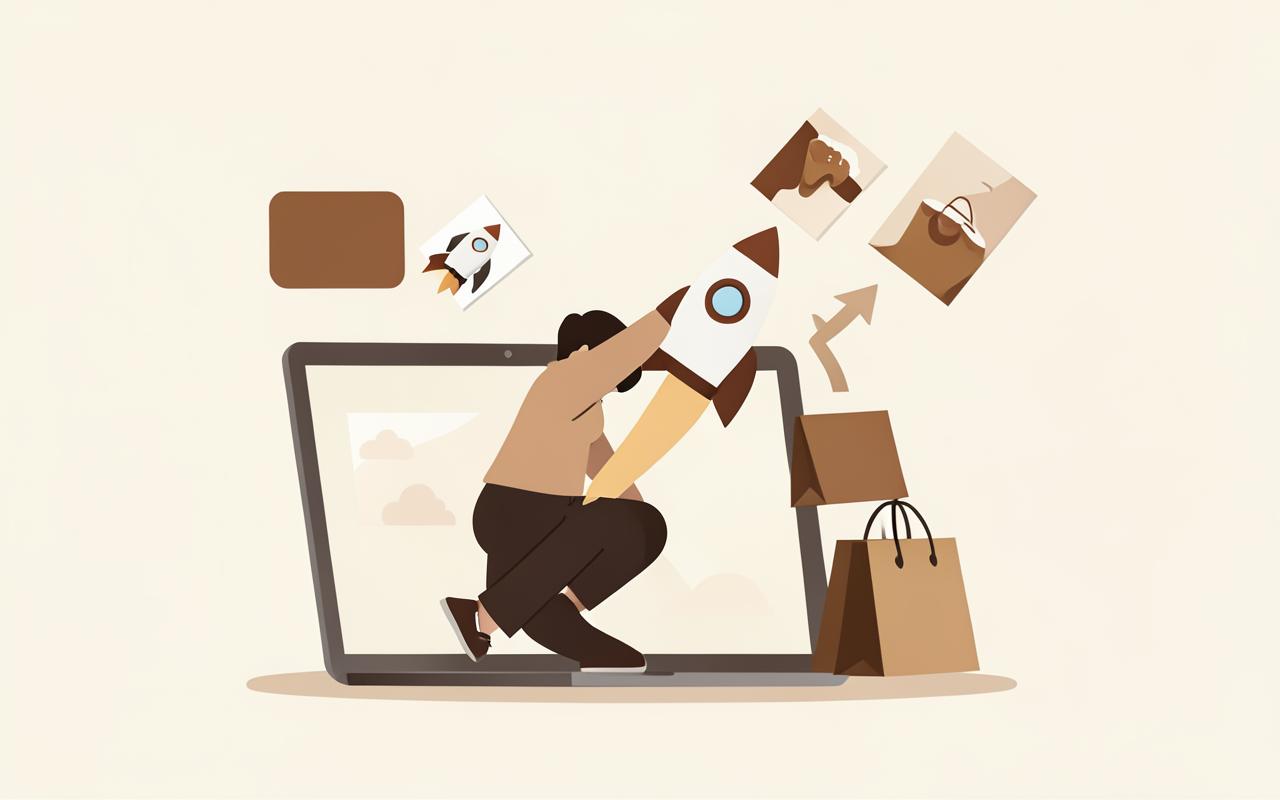 Illustration of a person launching a digital product from a laptop like a rocket